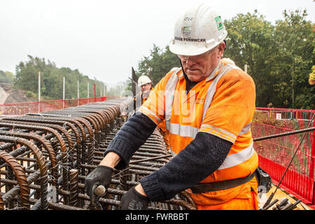 Costruzione i lavoratori che operano sulle frontiere la costruzione della ferrovia, preparare il terreno per versare cemento Foto Stock