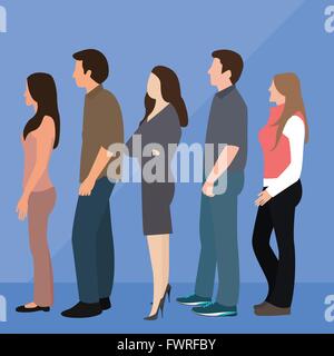 Gruppo di persone uomo donna linea della coda di attesa permanente Illustrazione Vettoriale