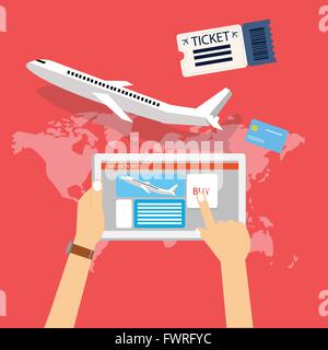 Prenota acquista il volo aereo biglietto online tramite internet per viaggiare con computer tablet Illustrazione Vettoriale