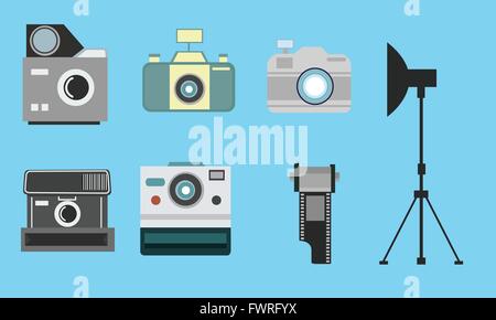Fotocamera piatto vintage icon set Rotolo pellicola raccolta di fotografie Illustrazione Vettoriale