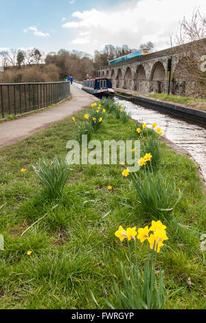 Chirk acquedotto e il viadotto in North East Wales un patrimonio designato area con un canale barge e treno locale in shot Foto Stock