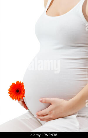 Donna incinta toccando qui pancia Foto Stock