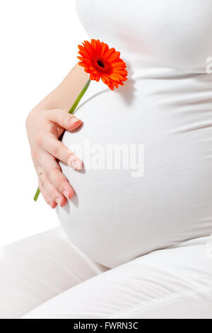 Donna incinta toccando qui pancia Foto Stock