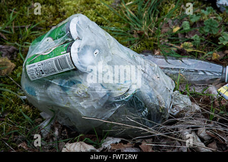 Un sacco di immondizia sul pavimento che contiene lattine di birra tra le altre lettiere. Foto Stock