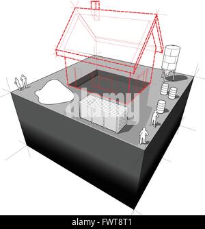 Visione di una semplice casa unifamiliare con attrezzature da costruzione attorno al sito in costruzione Illustrazione Vettoriale