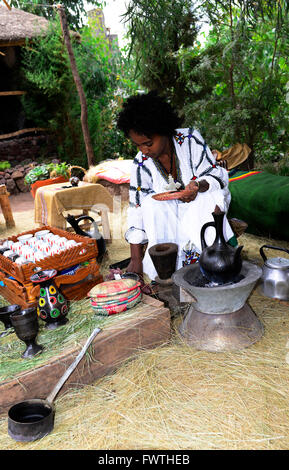 Una giovane donna etiope preparare una tradizionale tazza di caffè etiope. Foto Stock