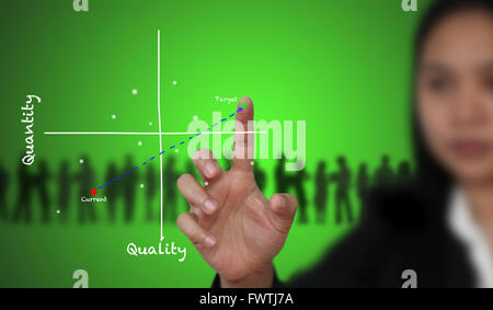 Business donna toccare sul target del miglioramento del prodotto a scopo di alta qualità e quantità Foto Stock