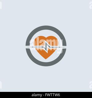 Grigio-arancio cuore con cardiogram round icona web Illustrazione Vettoriale