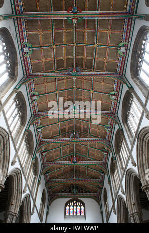 Dipinto decorativo soffitto in legno nella chiesa di St Cuthbert. Pozzetti, Somerset, Inghilterra Foto Stock