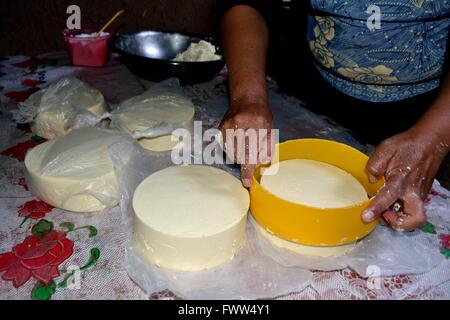 Elaborazione del formaggio tradizionale in Sapalache ' Las Huaringas ' - HUANCABAMBA.. Dipartimento di Piura .PERÙ Foto Stock