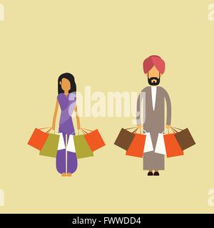 Indian giovane uomo donna tenere borse per lo shopping Illustrazione Vettoriale