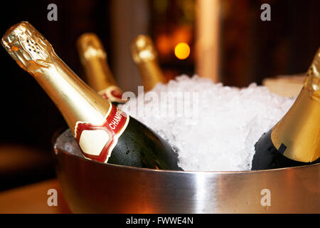 Bicchiere con ghiaccio e bottiglie di champagne. Posizione orizzontale Foto Stock