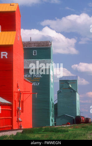 Prairie elevatori delle granaglie e la ferrovia via, Stavely, Alberta, Canada Foto Stock