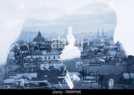 Matura in amore, l uomo e la donna le relazioni, psicologia, doppia esposizione con cityscape Foto Stock