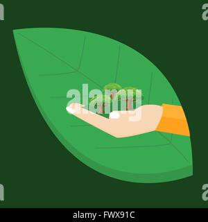 Andare mano verde tenuta albero di piante a foglia concetto di ambiente illustrazione Illustrazione Vettoriale