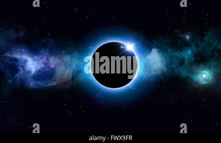 Imaginary eclissi solare nello spazio profondo sfondo blu Foto Stock