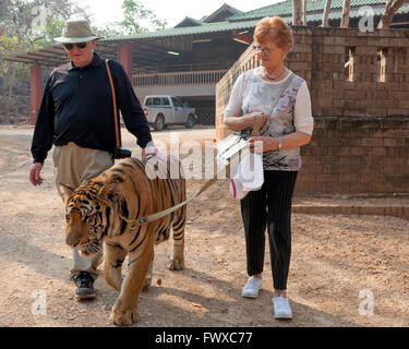 Giovane a piedi una tigre attraverso il tempio motivi a Tiger Tempio nel nord della Thailandia a Wat Pa Luang Ta Bowa Yannasampanno Foto Stock