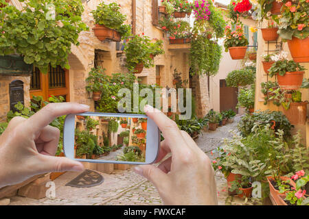 In basso a sinistra della foto sono mani smart phone, il cui schermo contiene foto del flower street Foto Stock