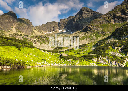 Vista della valle Gasienicowa e il Zielony Staw lago nei monti Tatra Foto Stock