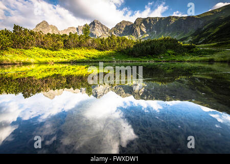 Vista della valle Gasienicowa e il Zielony Staw lago nei monti Tatra Foto Stock