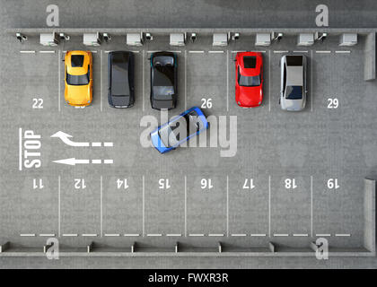 Vista aerea del parcheggio. Metà del parcheggio disponibile per EV servizio di ricarica. Il rendering 3D'immagine. Foto Stock