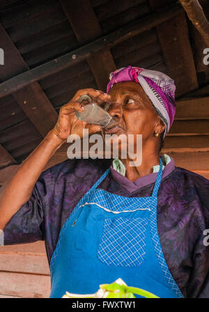 Donna vende prodotti alimentari in una fase di stallo Valle di Viñales, (Vinales) Cuba Foto Stock