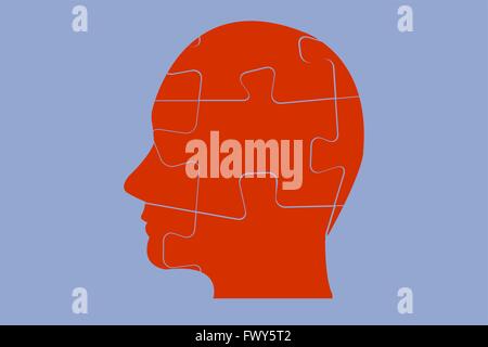 Vista laterale di uomo di testa del rosso pezzi di puzzle su sfondo blu. Illustrazione Vettoriale