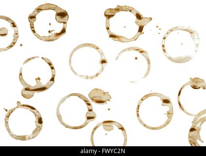 Sacco di forma circolare le macchie di caffè su sfondo bianco. Foto Stock