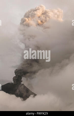 Close-Up del vulcano Tungurahua potente esplosione al tramonto, febbraio 2016, Sud America Foto Stock