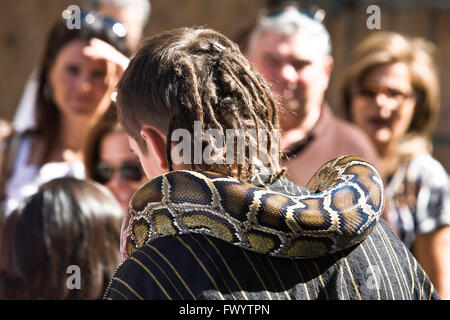 BADAJOZ, Spagna - 25 settembre: costume merchant uomo con snake partecipante al Almossasa Cultura Festival il 25 settembre 2 Foto Stock