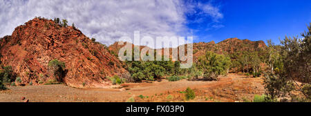 Riverbed secco tra antiche rocce calcaree in Brachina Gorge di Flinders Ranges National Park sotto il cielo blu. Foto Stock