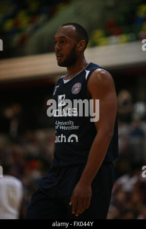 Stratford, UK. 08 apr, 2016. Casella di rame Arena, Stratford, Regno Unito - British Basketball Leage match tra Londra Lions e Worcester lupi - Perris Blackwell di Worcester Credit: Samuel Bay/Alamy Live News Foto Stock