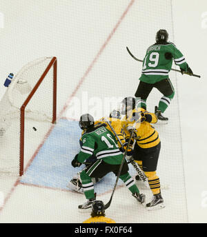 Tampa, Florida, Stati Uniti d'America. Il 29 giugno, 2012. DIRK SHADD | Orari .North Dakota Fighting Hawks avanti Shane Gersich (19) batte Quinnipiac Bobcats goalie Michael Garteig (34) per il primo obiettivo del gioco durante il primo periodo di azione del congelati quattro finali a Amalie Arena di sabato (04/09/16) © Dirk Shadd/Tampa Bay volte/ZUMA filo/Alamy Live News Foto Stock