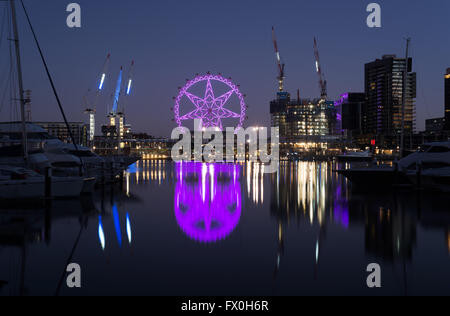 Una foto al crepuscolo della stella di Melbourne Observation Wheel a Docklands. Foto Stock