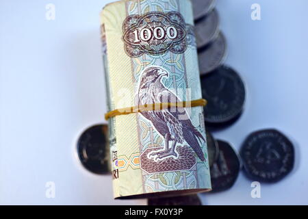 Close up differenti Dirhams nota di valuta e di monete, Emirati Arabi Uniti Foto Stock