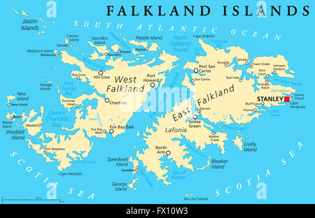 Isole Falkland, anche Malvinas, mappa politico con capitale Stanley, somministrato sotto Regno Unito, sostenuto da Argentina. Foto Stock