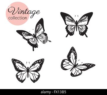 Set di quattro in bianco e nero di farfalle silhouette con ali aperte Illustrazione Vettoriale