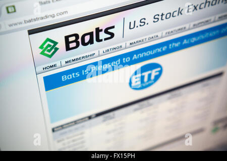 Il sito web di pipistrelli i mercati globali stock trading website, visto il Martedì, 5 aprile 2016. Lo scambio elettronico operatore ha annunciato i piani per un IPO con prezzi da $17 a $19. I pipistrelli ha tentato di eseguire un'offerta pubblica iniziale nel 2012 ma anomalie tecniche ha causato per annullare la sua IPO. (© Richard B. Levine) Foto Stock