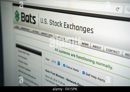 Il sito web di pipistrelli i mercati globali stock trading website, visto il Martedì, 5 aprile 2016. Lo scambio elettronico operatore ha annunciato i piani per un IPO con prezzi da $17 a $19. I pipistrelli ha tentato di eseguire un'offerta pubblica iniziale nel 2012 ma anomalie tecniche ha causato per annullare la sua IPO. (© Richard B. Levine) Foto Stock