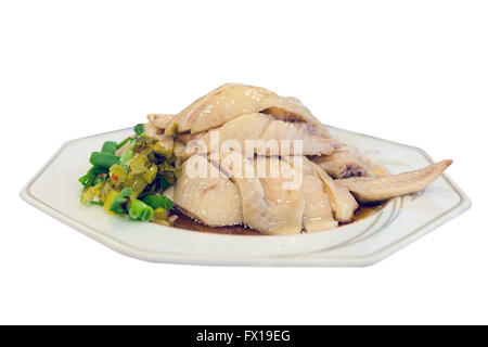Pollo Hainanese piatto di riso con condimenti Closeup Macro isolati su sfondo bianco Foto Stock