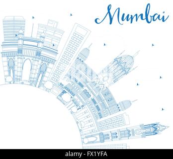 Profilo dello Skyline di Mumbai con punti di riferimento di colore blu. Illustrazione Vettoriale. Viaggi di affari e turismo concetto con copia spazio. Illustrazione Vettoriale