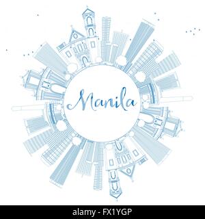 Profilo dello Skyline di Manila con edifici blu. Illustrazione Vettoriale. Viaggi di affari e turismo concetto con copia spazio. Illustrazione Vettoriale