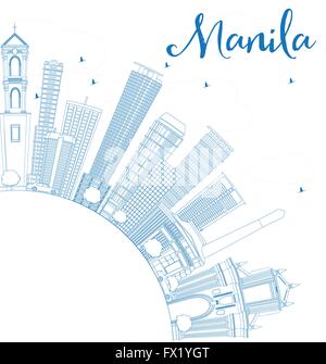 Profilo dello Skyline di Manila con edifici blu. Illustrazione Vettoriale. Viaggi di affari e turismo concetto con copia spazio. Illustrazione Vettoriale