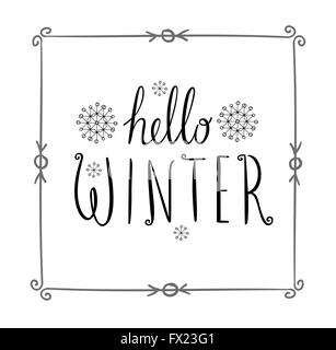 Ciao testo d'inverno. Pennello vettoriale lettering. Carte di progettazione personalizzato con la calligrafia. Carte di stagione, saluti per i social media. Illustrazione Vettoriale