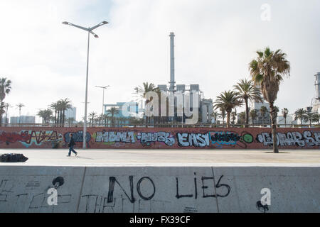 Graffiti sui muri e palme e Tèrmica centrale del Besòs, centrale a energia termica, Parc de la Pau, barcellona,cataluña,Spagna. Foto Stock