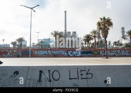 Graffiti sui muri e palme e Tèrmica centrale del Besòs, centrale a energia termica, Parc de la Pau, barcellona,cataluña,Spagna. Foto Stock