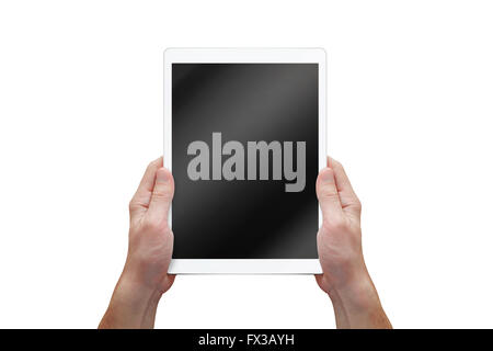 Tablet con schermo bianco nelle mani di uomo. Compressa isolata in posizione verticale. Foto Stock