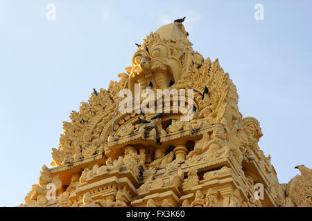 Gopuram, l'ingresso al Tempio Chennakesava a Belur, Karnataka, ingresso coronata da golden gopura con intricati scolpitura Foto Stock