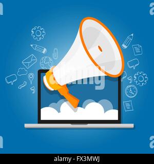 Megafono annunciare speaker gridare online pubblica relazione digital marketing Illustrazione Vettoriale