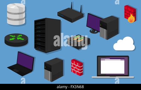 Topologia di rete LAN icona di oggetti di design server router di rete interruttore hardware Illustrazione Vettoriale